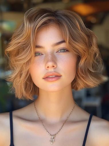 Medium Brown Wig With Bangs Remy Human Hair Lace Front Chin Length 10" Wavy Wigs