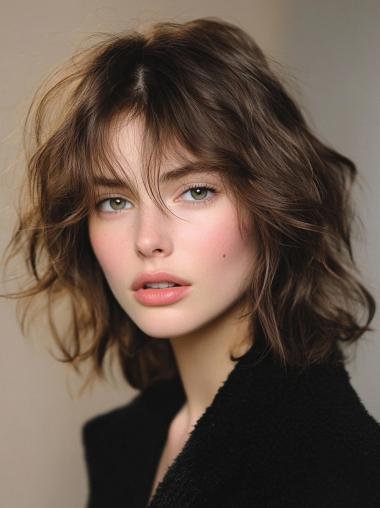 Medium Brown Wig With Bangs Remy Human Hair Lace Front Shoulder Length 12" Wavy Wigs