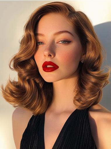 Wavy Blonde Wig Medium Length Monofilament 14" Without Bangs Remy Human Hair Wigs