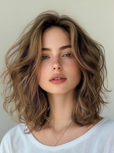 Wavy Blonde Wig Medium Length Lace Front 14" Without Bangs Synthetic Wigs