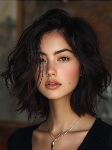 Medium Length Wavy Black Wig Monofilament Bobs Synthetic 12" Wigs