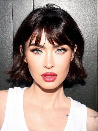 Medium Black Wig With Bangs 10" Remy Human Hair Straight Chin Length Monofilament Wigs