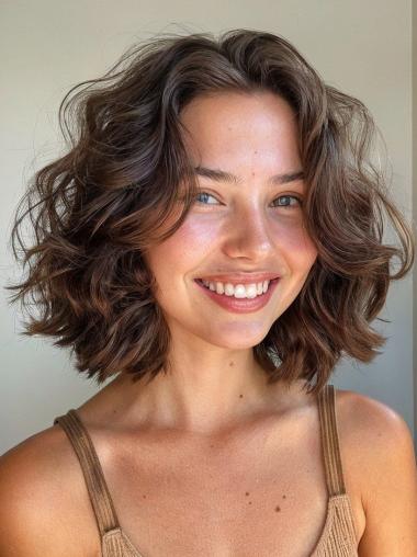 Medium Brown Curly Wig Monofilament Without Bangs 12" Shoulder Length Wigs