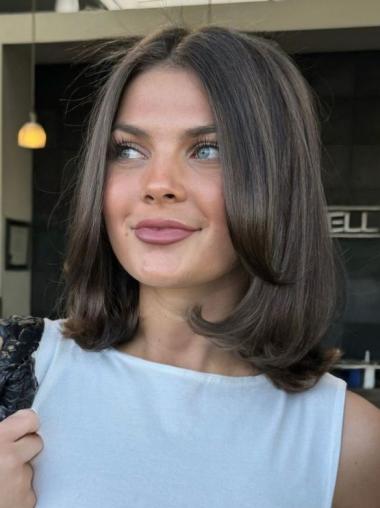 Straight Medium Hair With Layers Shoulder Length Brown 14" Monofilament Wigs