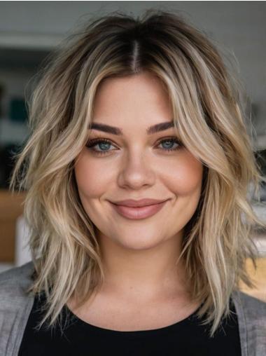 Medium Blonde Wig Wavy Without Bangs Synthetic 14" Lace Front Shoulder Length Wigs