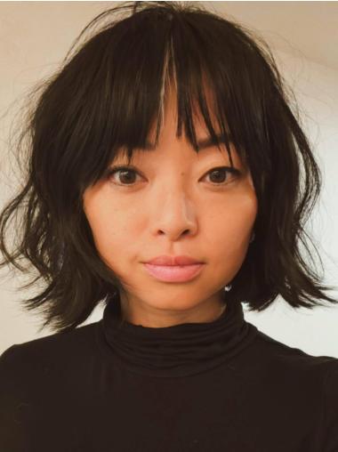 Medium Black Wig With Bangs 10" Remy Human Hair Straight Chin Length Lace Front Wigs