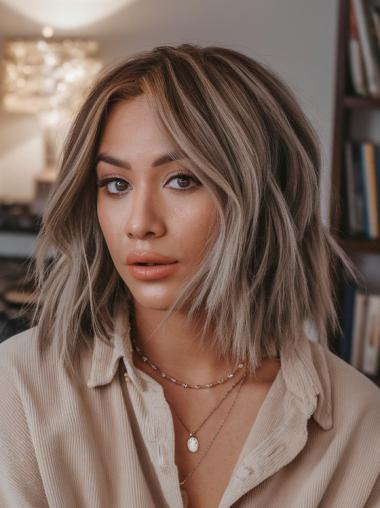 Medium Human Hair Wigs Ombre/2 Tone Without Bangs Straight 12" Monofilament Wigs