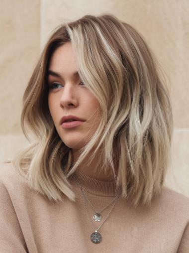 Medium Wavy Wigs 14" Without Bangs Remy Human Hair Ombre/2 Tone Monofilament Wigs