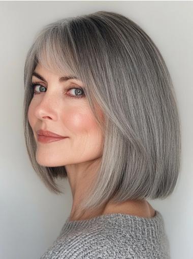 Medium Length Bob Wig Remy Human Hair 12" Straight Grey Monofilament Wigs