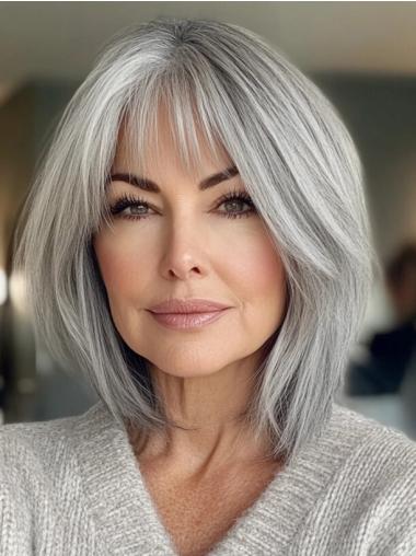Women Medium Wigs 14" With Bangs Grey Straight Remy Human Hair Shoulder Length Wigs
