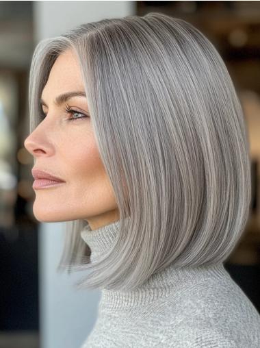 Medium Length Bob Wig Remy Human Hair 12" Straight Grey Lace Front Wigs