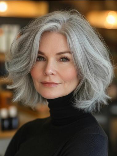 Medium Length Bob Wig Synthetic 12" Wavy Grey Monofilament Wigs
