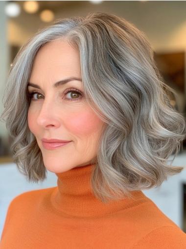 Medium Length Bob Wig Synthetic 12" Wavy Grey Lace Front Wigs