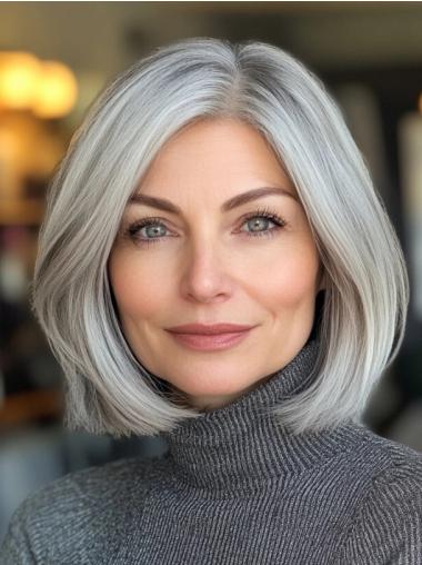 Women Medium Wigs 12" Bobs Grey Straight Synthetic Shoulder Length Wigs