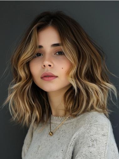 Medium Wigs Haircuts Lace Front Without Bangs 14" Wavy Ombre/2 Tone Shoulder Length Wigs
