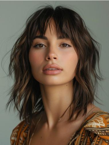 Brown Medium Hair Wig Monofilament With Bangs Shoulder Length Wavy 14" Wigs