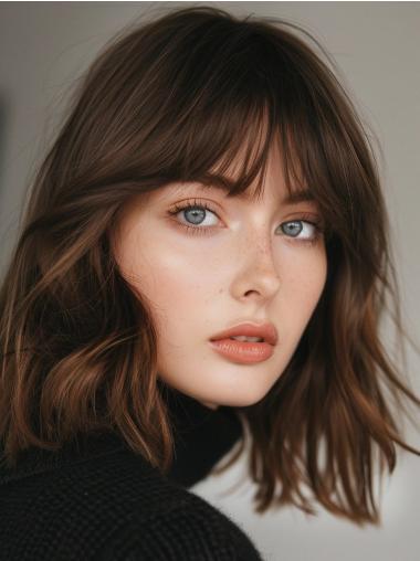 Brown Medium Hair Wig Monofilament With Bangs Shoulder Length Straight 14" Wigs