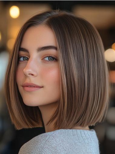 Medium Brown Bob Wig Remy Human Hair 12" Straight Monofilament Shoulder Length Wigs