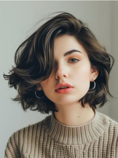 Medium Length Wavy Black Wig Monofilament Bobs Synthetic 12" Wigs