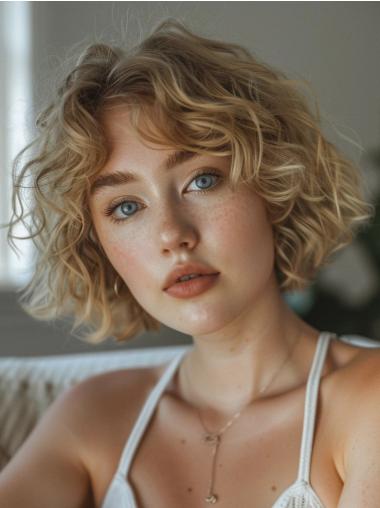 Medium Curly Blonde Wig Synthetic Chin Length Monofilament 10" Bobs Wigs