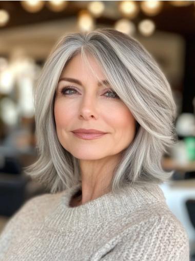 Medium Wigs Haircuts Monofilament Without Bangs 14" Straight Grey Shoulder Length Wigs