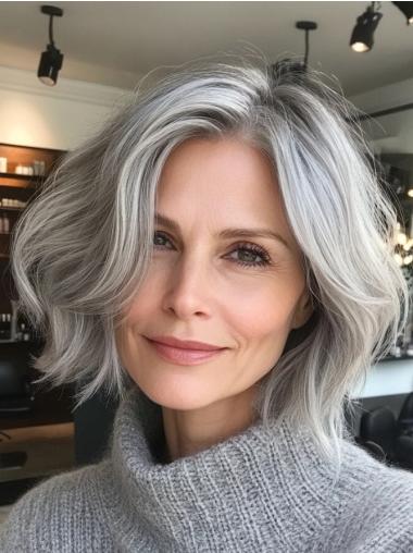Medium Wigs Haircuts Monofilament Bobs 10" Wavy Grey Chin Length Wigs