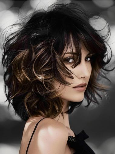 Curly Medium Hair Wig Ombre/2 Tone Shoulder Length 14" With Bangs Synthetic Wigs