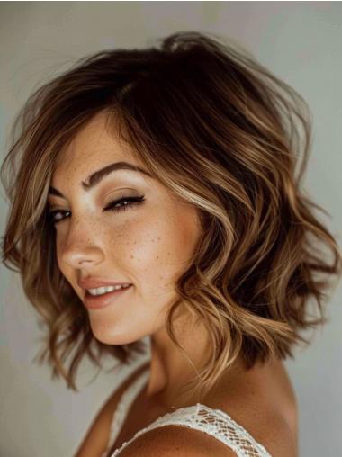 Medium Blonde Wig Wavy Without Bangs Synthetic 12" Monofilament Shoulder Length Wigs