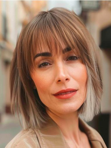 Wigs Medium Length Straight 12" Ombre/2 Tone Remy Human Hair With Bangs Wigs