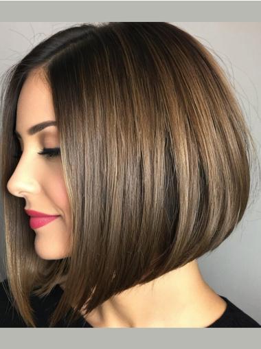 Medium Brown Bob Wig Remy Human Hair 12" Straight Lace Front Shoulder Length Wigs