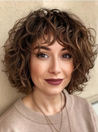 Curly Medium Hair Wig Brown Shoulder Length 12" Bobs Synthetic Wigs