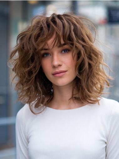 Curly Medium Hair Wig Brown Shoulder Length 14" Layered Synthetic Wigs