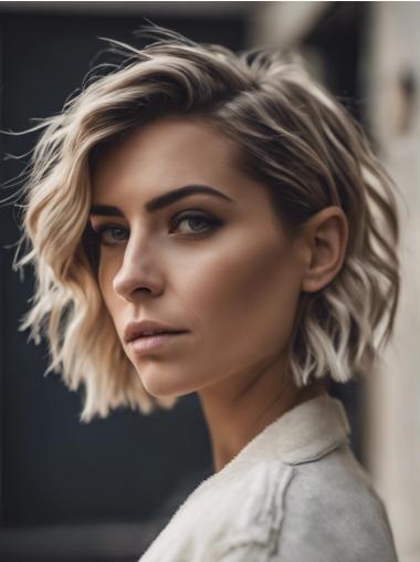 Medium Blonde Bob Wig 10" Remy Human Hair Monofilament Chin Length Wavy Wigs