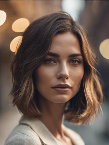 Medium Brown Human Hair Wigs 12" Without Bangs Lace Front Shoulder Length Wavy Wigs