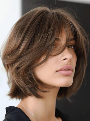 Women Medium Wigs 12" Bobs Brown Straight Synthetic Shoulder Length Wigs