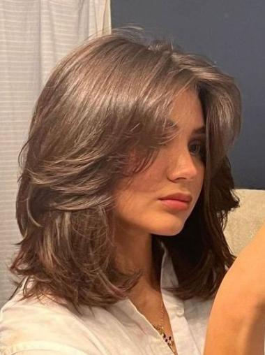 Straight Medium Hair With Layers Shoulder Length Brown 14" Monofilament Wigs