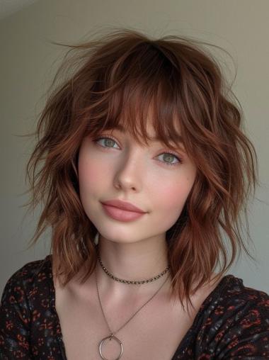 Medium Length Wavy Wigs 14" With Bangs Auburn Synthetic Lace Front Wigs