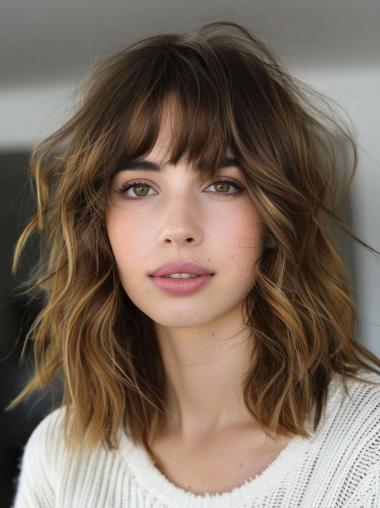 Medium Length Wavy Wigs 14" With Bangs Ombre/2 Tone Remy Human Hair Monofilament Wigs