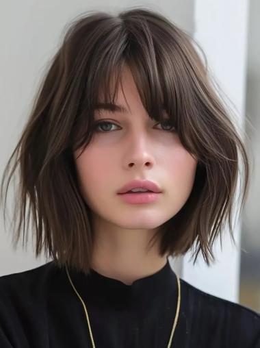 Women Medium Wigs 12" With Bangs Brown Straight Synthetic Shoulder Length Wigs