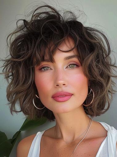 Brown Curly Medium Wig With Bangs Monofilament Remy Human Hair Shoulder Length 12" Wigs
