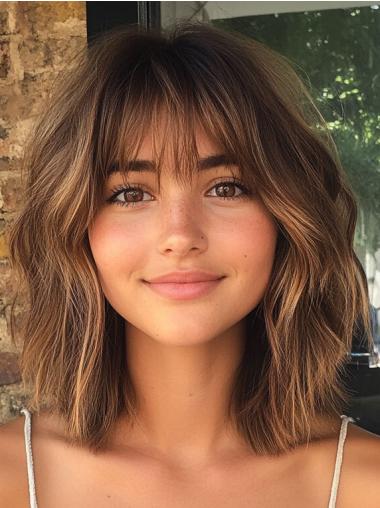 Medium Wig Synthetic 12" With Bangs Shoulder Length Brown Lace Front Wigs