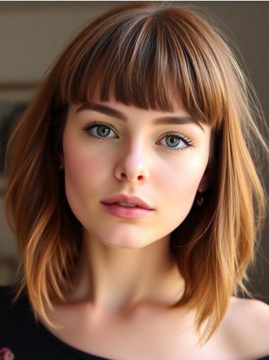 Women Wigs Medium Length 14" Brown With Bangs Straight Synthetic Wigs