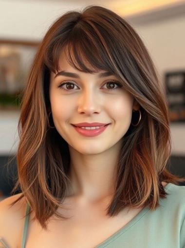 Women Wigs Medium Length 14" Brown With Bangs Straight Remy Human Hair Wigs