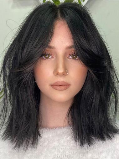 Black Medium Hair Wig 14" Without Bangs Straight Shoulder Length Monofilament Wigs