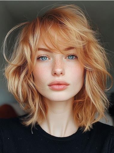 Medium Length Wavy Hair Wigs 12" With Bangs Synthetic Lace Front Copper Wigs