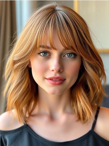 Medium Blonde Wig With Bangs Shoulder Length Remy Human Hair Monofilament Straight 14" Wigs