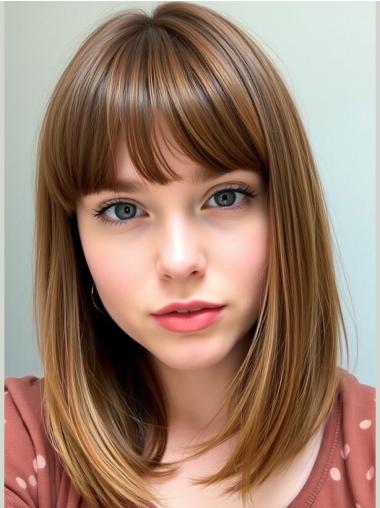 Women Wigs Medium Length 14" Brown With Bangs Straight Synthetic Wigs