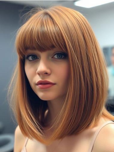 Medium Wigs Copper With Bangs 14" Straight Remy Human Hair Wigs