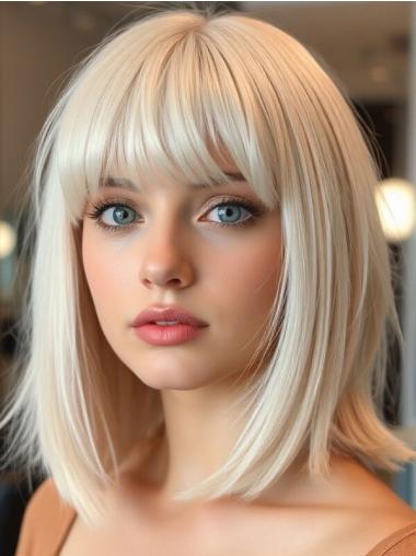 Medium Wigs Platinum Blonde Bobs 12" Straight Remy Human Hair Wigs