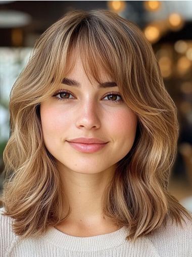 Medium Blonde Wig With Bangs Shoulder Length Synthetic Monofilament Wavy 14" Wigs